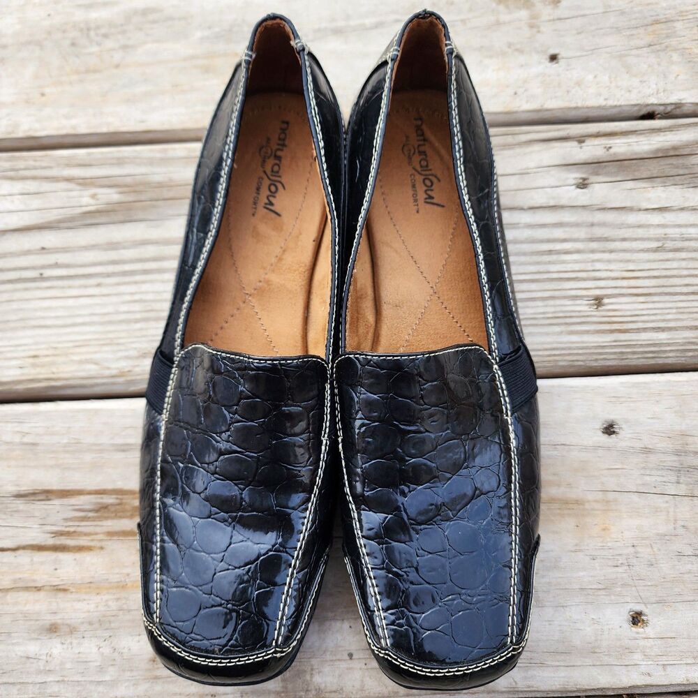 Natural Soul By Naturalizer Womens 10M Camelia Comfort Black Faux Croc Loafers